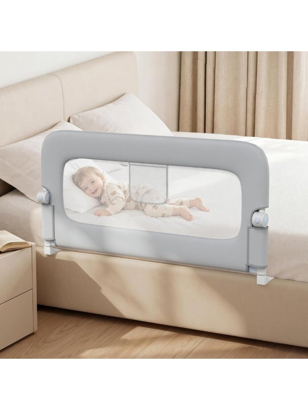 Foldable Toddler Bed Rail Safety Guard - Grey 47" L x 25" H, Secure Sleep